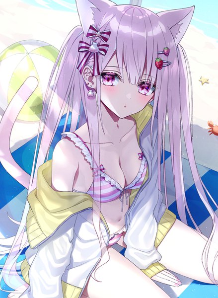 Anime picture 1000x1366 with original kazunehaka single long hair tall image blush fringe breasts open mouth light erotic hair between eyes sitting animal ears cleavage purple hair tail nail polish animal tail pink eyes from above