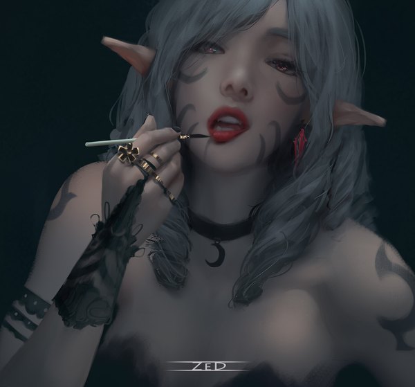 Anime picture 1919x1787 with original zed single long hair looking at viewer fringe highres open mouth simple background red eyes standing holding signed upper body arm up lips pointy ears grey hair realistic fang (fangs)