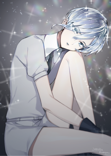 Anime picture 1200x1695 with houseki no kuni antarcticite kurono yuu single tall image looking at viewer fringe short hair blue eyes hair between eyes sitting signed silver hair hair over one eye sparkle puffy sleeves dated androgynous uniform