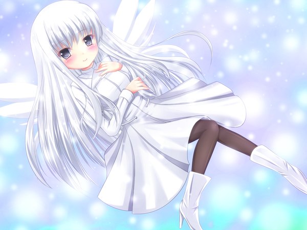 Anime picture 1600x1200 with original yayayoruyoru single long hair looking at viewer blush white hair light smile silver eyes girl dress wings boots