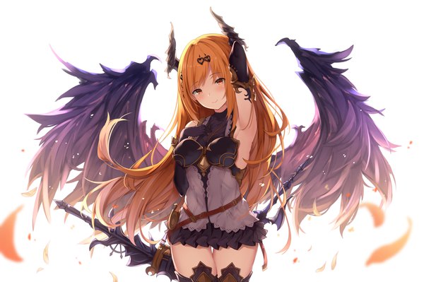 Anime picture 2000x1333 with shingeki no bahamut dark angel olivia suzuame yatsumi single long hair looking at viewer blush fringe highres breasts simple background smile red eyes standing white background head tilt pleated skirt arm up horn (horns) wind