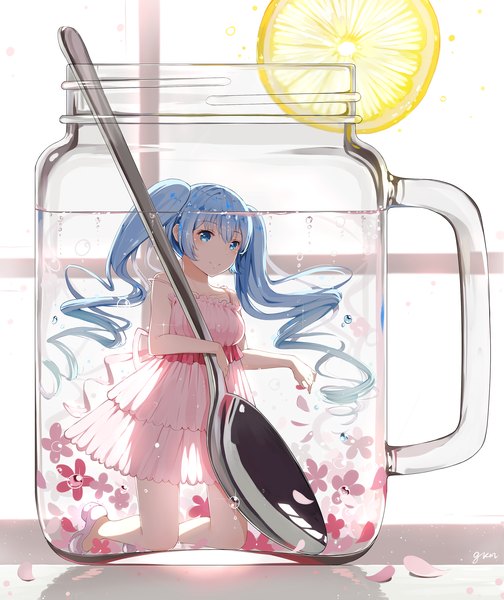 Anime picture 1842x2189 with vocaloid hatsune miku gkn levi single tall image looking at viewer highres blue eyes blue hair very long hair see-through silhouette girl flower (flowers) petals water sundress fruit spoon lemon