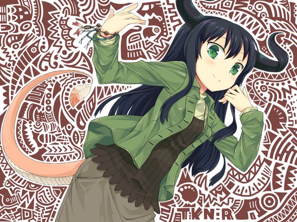 Anime picture 1024x768 with original ikura hato single long hair blush black hair green eyes tail horn (horns) demon girl girl bracelet