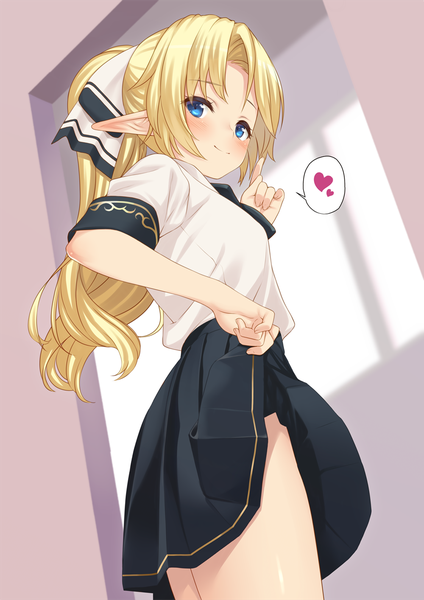 Anime picture 1000x1414 with enjo kouhai iris (takunomi) takunomi single long hair tall image looking at viewer blush fringe blue eyes light erotic blonde hair standing payot ponytail indoors pleated skirt looking back pointy ears from behind