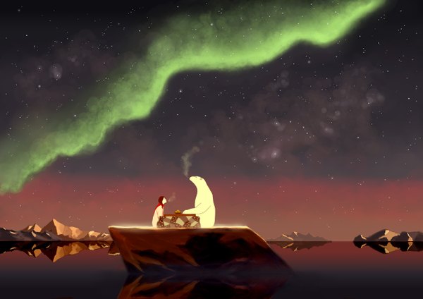 Anime picture 1300x919 with original shiira sky night night sky reflection landscape exhalation aurora borealis animal water scarf star (stars) kotatsu polar bear