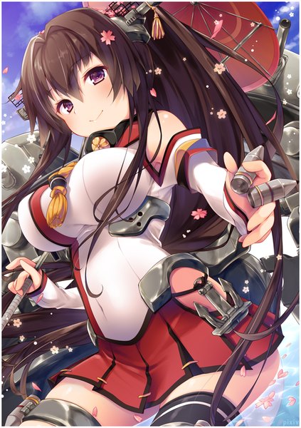 Anime picture 600x850 with kantai collection yamato super battleship konomi (kino konomi) single long hair tall image blush breasts smile brown hair large breasts purple eyes sky cloud (clouds) ponytail framed girl skirt flower (flowers) miniskirt