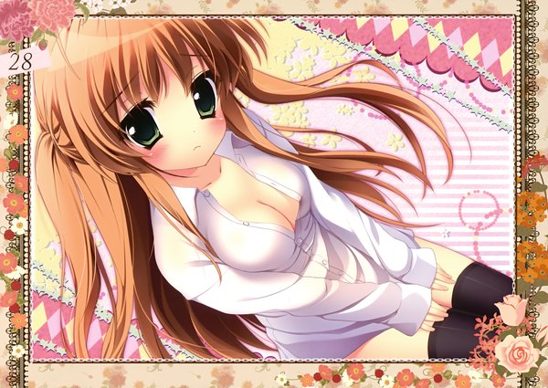 Anime picture 3500x2480 with prismatic world (artbook) shiramori yuse single long hair looking at viewer blush highres light erotic brown hair green eyes absurdres cleavage scan girl thighhighs flower (flowers) black thighhighs shirt