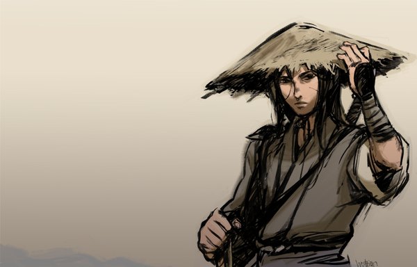 Anime picture 1600x1024 with original ten (artist) single long hair black hair simple background traditional clothes grey background warrior boy weapon hat