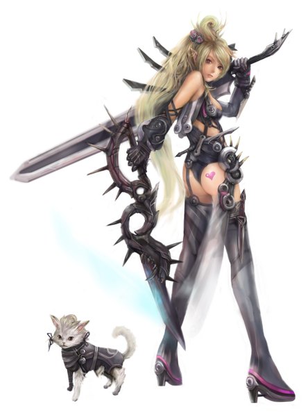 Anime picture 1850x2500 with original misshu single long hair tall image highres light erotic simple background blonde hair white background ass pink eyes pointy ears from behind realistic tattoo elf girl gloves weapon