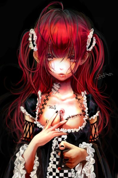 Anime picture 962x1456 with si (pixiv) single long hair tall image looking at viewer blush open mouth light erotic simple background red eyes twintails cleavage red hair nail polish lips tattoo hand on chest black background checkered girl