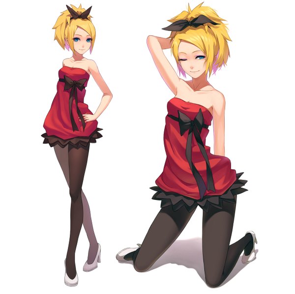 Anime picture 1300x1294 with original fkey single looking at viewer short hair blue eyes blonde hair smile white background ponytail one eye closed wink high heels hand on hip kneeling arm behind head girl dress bow hair bow