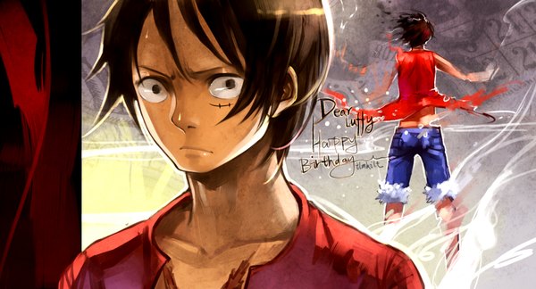 Anime picture 1800x974 with one piece toei animation monkey d. luffy ilmkilt (junefeier) highres short hair brown hair wide image upper body from behind black eyes inscription character names scar happy birthday dual persona boy shorts jeans