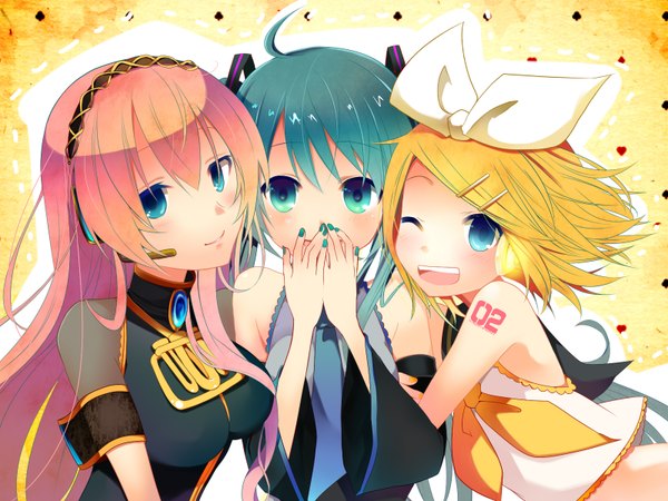 Anime picture 1600x1200 with vocaloid hatsune miku megurine luka kagamine rin blue eyes blonde hair bare shoulders multiple girls green eyes pink hair ahoge green hair girl bow hair bow hairband 3 girls