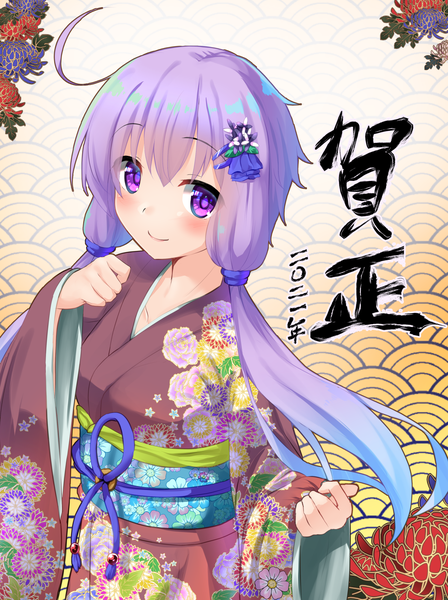 Anime picture 1389x1861 with vocaloid voiceroid yuzuki yukari rody (hayama yuu) single long hair tall image looking at viewer blush smile purple eyes twintails purple hair upper body ahoge traditional clothes japanese clothes low twintails new year 2021