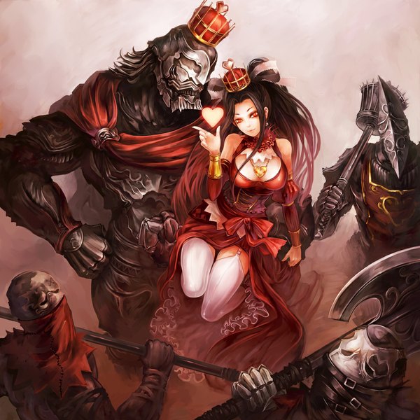 Anime picture 1000x1000 with alice in wonderland queen of hearts suzuya akinori long hair red eyes brown hair hand on hip fantasy girl thighhighs ribbon (ribbons) weapon hair ribbon detached sleeves white thighhighs heart armor pendant mask crown