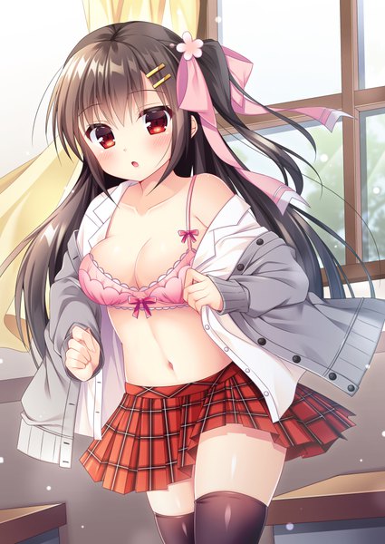 Anime picture 724x1023 with original moe2019 fujikura ryuune single long hair tall image looking at viewer blush fringe breasts open mouth light erotic hair between eyes red eyes brown hair large breasts standing payot indoors off shoulder