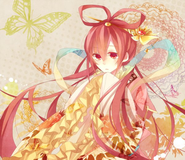 Anime picture 1200x1038 with magi the labyrinth of magic a-1 pictures ren kougyoku miicat (artist) single long hair blush open mouth red eyes red hair looking down girl flower (flowers) bow ribbon (ribbons) hair bow insect butterfly