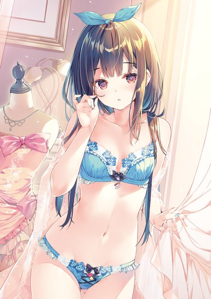 Anime picture 1357x1920 with original miwabe sakura single long hair tall image looking at viewer blush fringe breasts open mouth light erotic black hair red eyes standing payot cleavage indoors blunt bangs nail polish multicolored hair