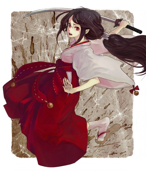 Anime picture 1200x1400 with blood c production i.g kisaragi saya mizo single long hair tall image black hair red eyes tail traditional clothes miko framed girl weapon sword glasses katana