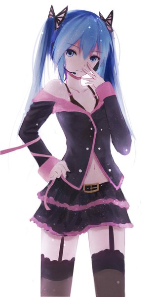 Anime picture 940x1748 with vocaloid hatsune miku shimmer single long hair tall image looking at viewer fringe blue eyes twintails blue hair alternate costume hand on hip honey whip (module) girl thighhighs skirt navel bow ribbon (ribbons)