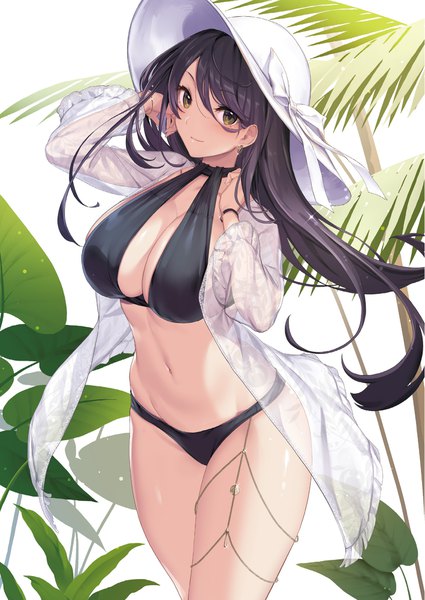 Anime picture 1417x2000 with original ikomochi single long hair tall image blush fringe breasts light erotic black hair hair between eyes large breasts standing brown eyes yellow eyes outdoors head tilt arm up light smile open jacket