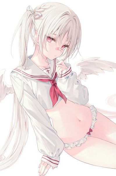Anime picture 1000x1506 with original elle (rurudo) rurudo single tall image looking at viewer light erotic simple background white background twintails white hair braid (braids) long sleeves very long hair pink eyes arm up arm support sleeves past wrists angel wings white wings