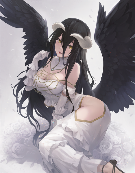 Anime picture 1200x1543 with overlord (maruyama) madhouse albedo (overlord) natsume yochiki single long hair tall image looking at viewer blush fringe breasts open mouth light erotic black hair hair between eyes large breasts sitting yellow eyes cleavage horn (horns)