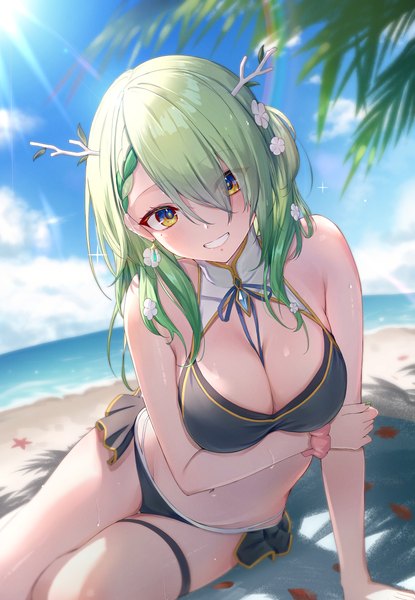 Anime picture 2833x4093 with virtual youtuber hololive hololive english ceres fauna tokisaka makoto single long hair tall image looking at viewer fringe highres breasts light erotic smile large breasts sitting yellow eyes sky cleavage cloud (clouds)