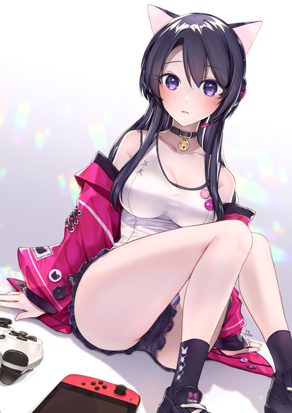 Anime picture 900x1273 with original nintendo fuu kotora single long hair tall image looking at viewer blush fringe breasts light erotic black hair simple background hair between eyes large breasts sitting purple eyes bare shoulders signed payot