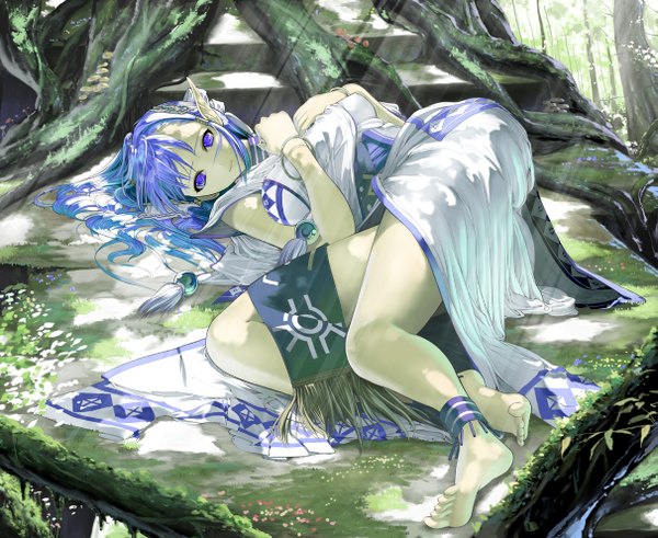 Anime picture 1211x992 with ys olha (ys) nakabayashi reimei blue eyes blue hair lying barefoot hand on chest soles elf fantasy girl hair ornament tree (trees) bracelet forest anklet mushroom (mushrooms) roots moss