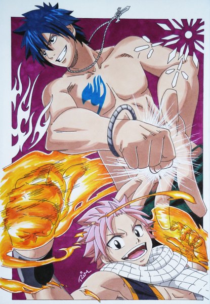 Anime picture 2694x3893 with fairy tail natsu dragneel gray fullbuster akabruce tall image highres short hair open mouth black hair simple background smile pink hair black eyes tattoo magic muscle boy scarf pants cross