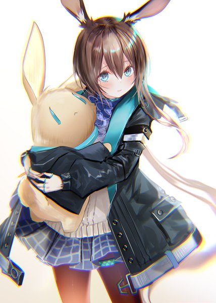 Anime picture 2000x2800 with arknights amiya (arknights) pottsness single long hair tall image looking at viewer blush fringe highres blue eyes simple background smile hair between eyes brown hair standing holding animal ears long sleeves pleated skirt