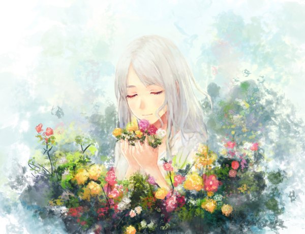 Anime picture 1300x1000 with original lensa single long hair fringe simple background holding white hair eyes closed girl flower (flowers) plant (plants)