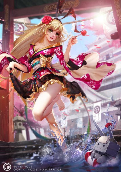 Anime picture 2480x3508 with kantai collection shimakaze destroyer rensouhou-chan oop single long hair tall image looking at viewer highres light erotic blonde hair smile standing holding signed yellow eyes bent knee (knees) outdoors long sleeves traditional clothes
