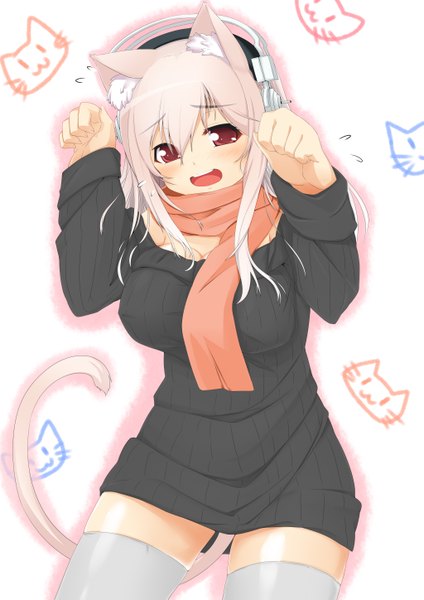 Anime picture 4093x5790 with nitroplus super sonico dodome-iro mayonnaise single long hair tall image looking at viewer blush highres open mouth red eyes animal ears pink hair absurdres cat ears cat girl cat tail girl thighhighs white thighhighs