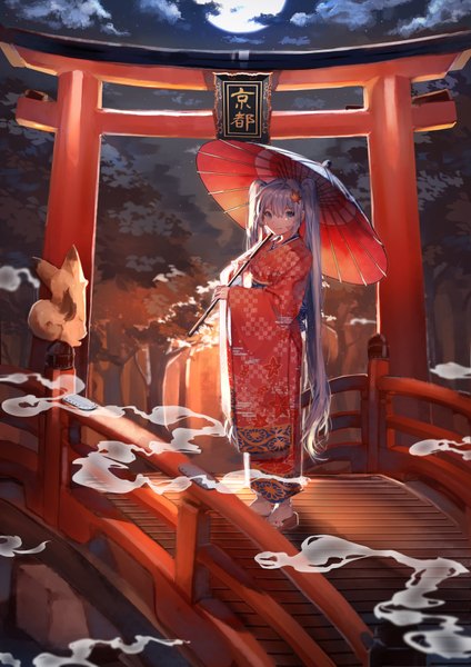 Anime picture 2480x3508 with vocaloid hatsune miku hatachi8p single tall image looking at viewer fringe highres blue eyes smile standing twintails holding cloud (clouds) outdoors very long hair traditional clothes japanese clothes aqua hair night