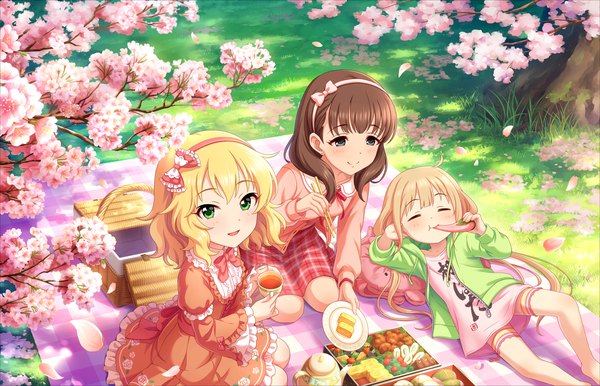 Anime picture 1280x824 with idolmaster idolmaster cinderella girls futaba anzu sakurai momoka sakuma mayu long hair looking at viewer blush short hair open mouth blonde hair smile brown hair sitting multiple girls green eyes ahoge lying eyes closed from above