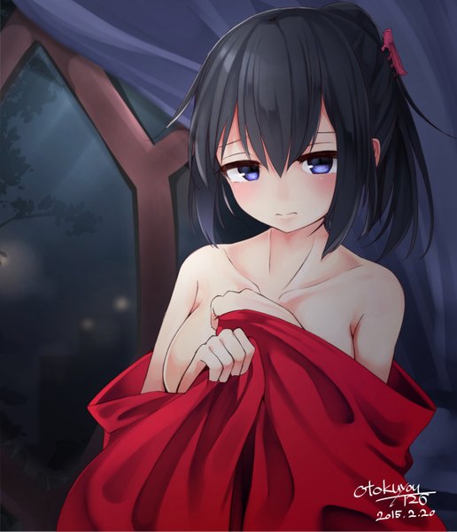 Anime picture 2403x2794 with original otokuyou single tall image looking at viewer blush fringe highres short hair breasts light erotic black hair large breasts purple eyes bare shoulders girl hair ornament window hairclip insect