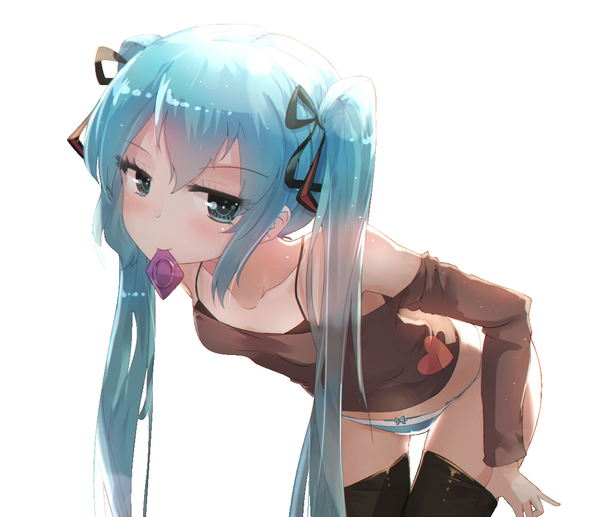 Anime picture 1154x996 with vocaloid hatsune miku qys3 single long hair looking at viewer blush fringe blue eyes light erotic simple background white background twintails bare shoulders blue hair leaning leaning forward condom in mouth girl underwear