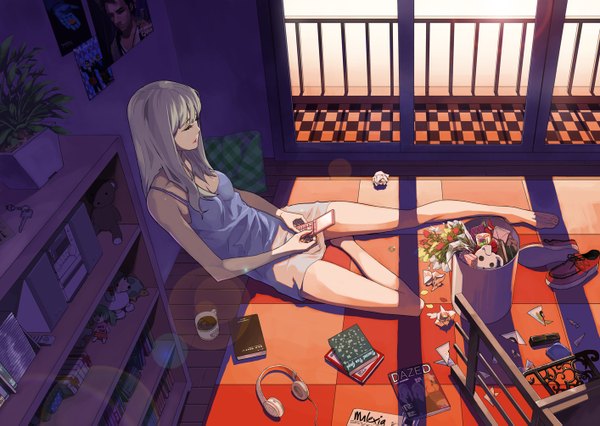 Anime picture 1414x1005 with original justminor single long hair white hair eyes closed barefoot messy room girl window headphones book (books) shelf room picture key coffee garbage can