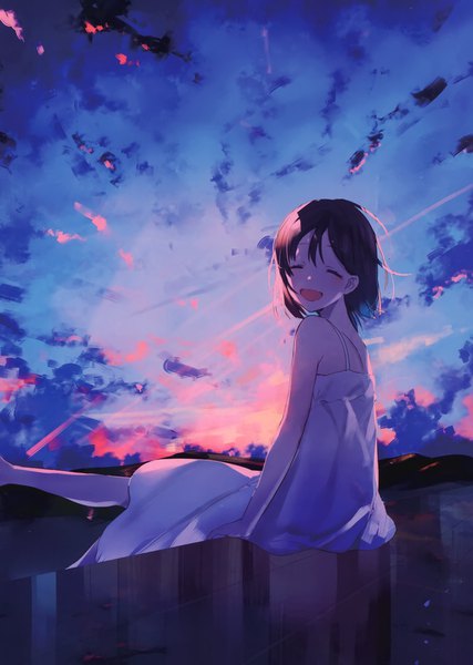Anime picture 2111x2964 with original achiki single tall image blush fringe highres short hair smile hair between eyes brown hair sitting cloud (clouds) outdoors eyes closed from behind scan night arm support night sky