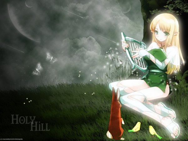 Anime picture 1600x1200 with zero no tsukaima j.c. staff blonde hair green eyes sky sparkle nature playing instrument plant (plants) animal bird (birds) moon thigh boots grass musical instrument bunny harp