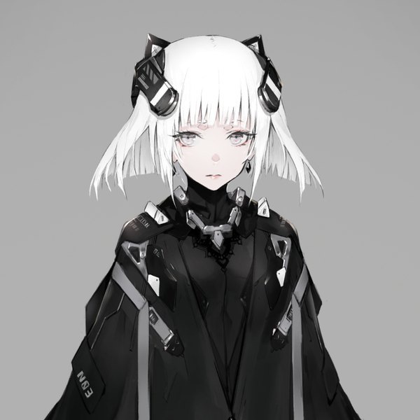 Anime picture 800x800 with original yucca-612 (neco) single looking at viewer fringe short hair simple background white hair grey eyes pale skin girl earrings