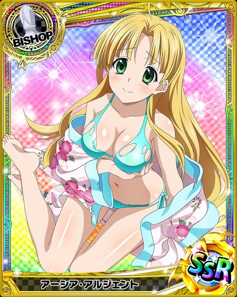 Anime picture 640x800 with highschool dxd asia argento single long hair tall image looking at viewer blush light erotic blonde hair smile green eyes cleavage traditional clothes japanese clothes torn clothes card (medium) torn swimsuit girl navel swimsuit