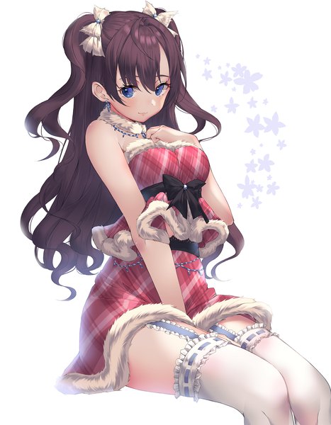 Anime picture 1500x1926 with idolmaster idolmaster cinderella girls idolmaster cinderella girls starlight stage ichinose shiki kinty single long hair tall image looking at viewer blush fringe breasts blue eyes simple background hair between eyes brown hair white background sitting two side up fur trim