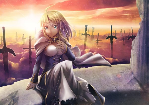 Anime picture 1500x1059 with fate (series) fate/stay night type-moon artoria pendragon (all) saber uraomote single fringe short hair blue eyes blonde hair sitting looking away sky ahoge wind hand on chest evening sunset girl