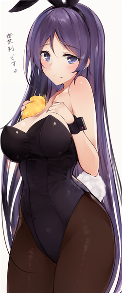 Anime picture 419x1000 with fate (series) fate/grand order minamoto no raikou (fate) netarou single long hair tall image looking at viewer blush breasts light erotic simple background large breasts white background purple eyes bare shoulders animal ears cleavage purple hair tail