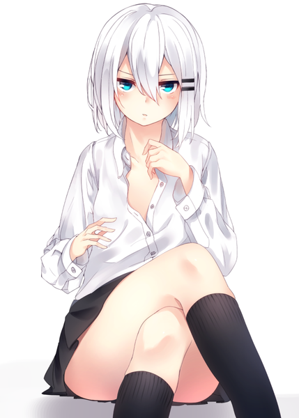 Anime picture 896x1253 with original ringo-chan (otokuyou) otokuyou single tall image looking at viewer blush fringe short hair blue eyes light erotic simple background hair between eyes white background sitting white hair long sleeves parted lips pleated skirt crossed legs