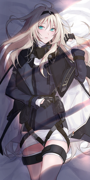 Anime picture 945x1890 with girls frontline an-94 (girls frontline) qb 516 single long hair tall image looking at viewer blush fringe blonde hair hair between eyes payot ahoge lying parted lips aqua eyes on back girl gloves black gloves