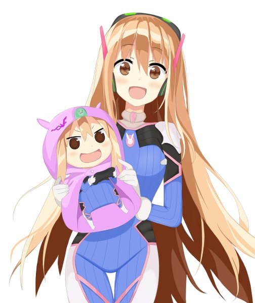 Anime picture 1050x1250 with himouto! umaru-chan overwatch doga kobo blizzard entertainment d.va (overwatch) doma umaru komaru grapesoda long hair tall image looking at viewer blush fringe open mouth smile hair between eyes brown hair white background holding brown eyes